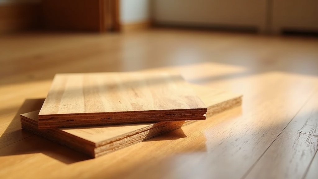 Two engineered wood planks resting on an oak floor, cut ends showing veneer over cross laminated plies
