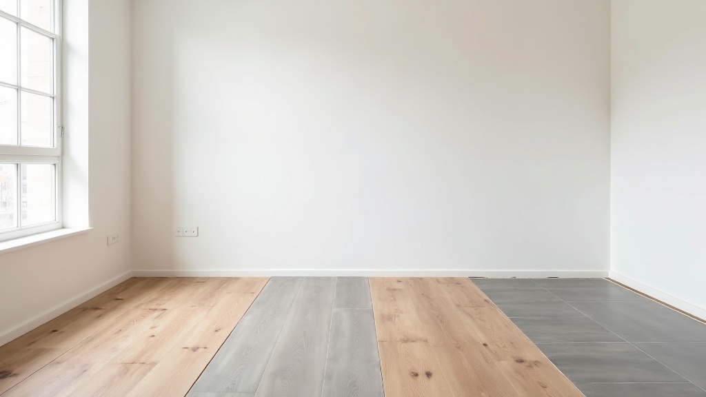 Flooring samples laid side by side on a bare subfloor in a bright room