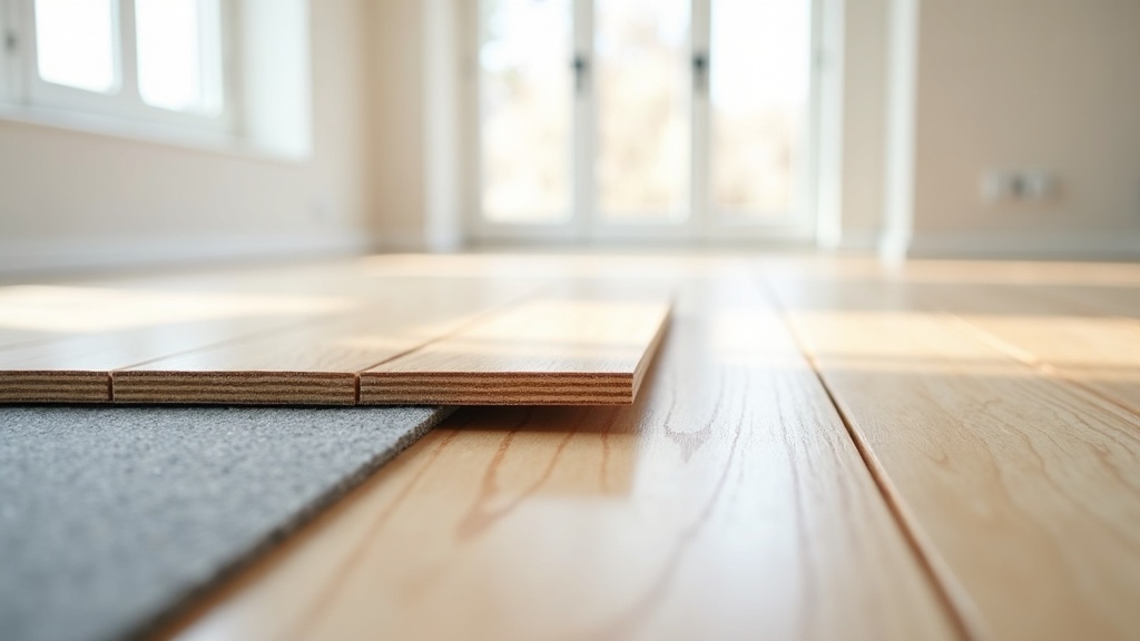Laminate boards over foam underlayment with one board raised to show the fibreboard core