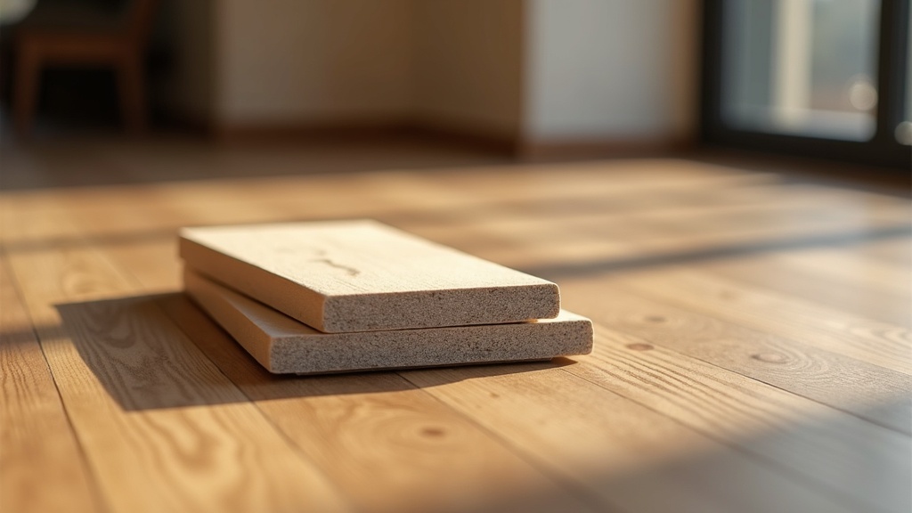 Wood look vinyl plank flooring with two spare planks showing the dense composite core