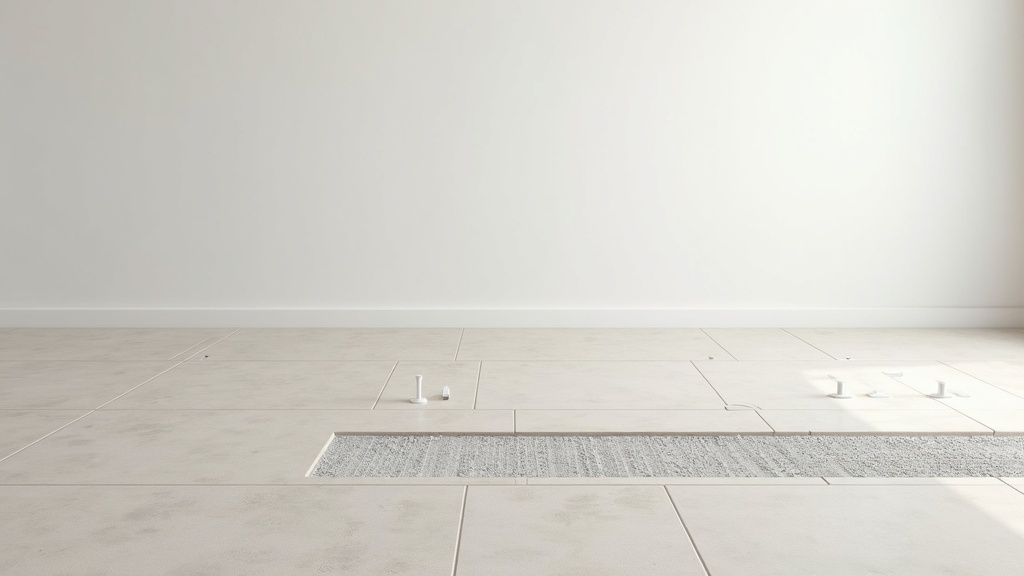 Large format porcelain tiles with spacers in the joints beside combed ridges of grey mortar