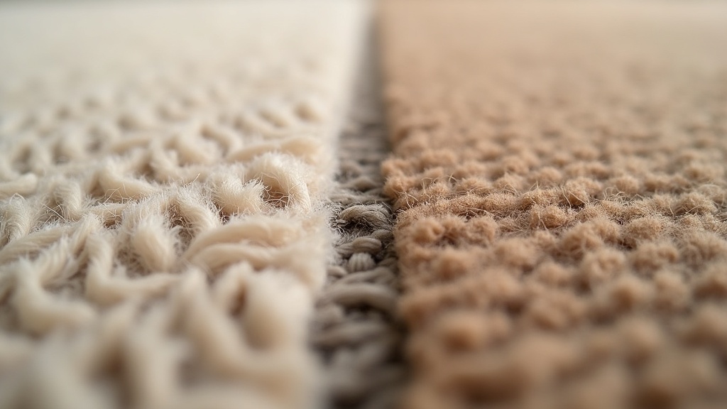 Two carpet samples butted edge to edge under raking light, the pile structure and density of each clearly visible