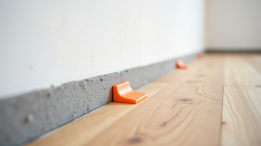 The edge of a newly laid plank floor with spacers holding an expansion gap open between the last plank and the wall