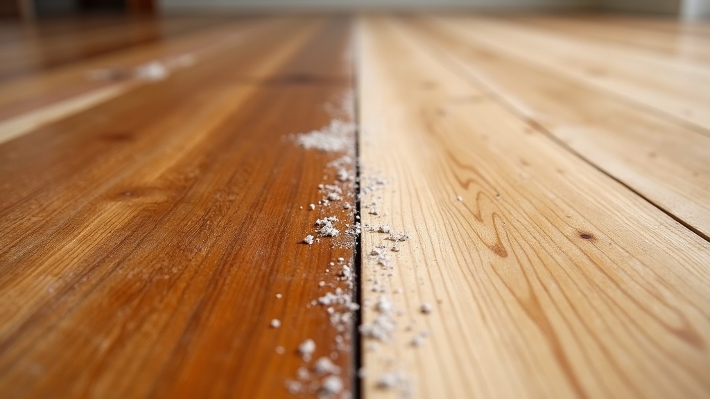 A hardwood floor half stripped to bare wood, with a sharp line between the old dark finish and the freshly sanded pale oak