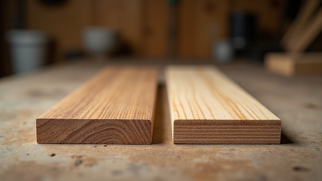 Two plank offcuts end on, one solid oak through its thickness and one showing a thin veneer over cross laminated plies