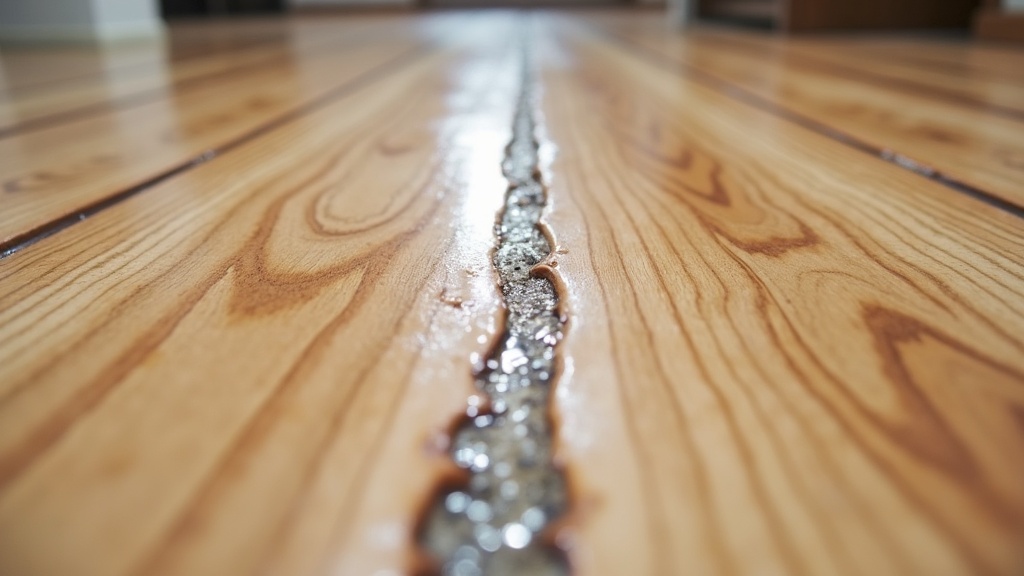 Water pooled along the seam between two planks on a wood look floor