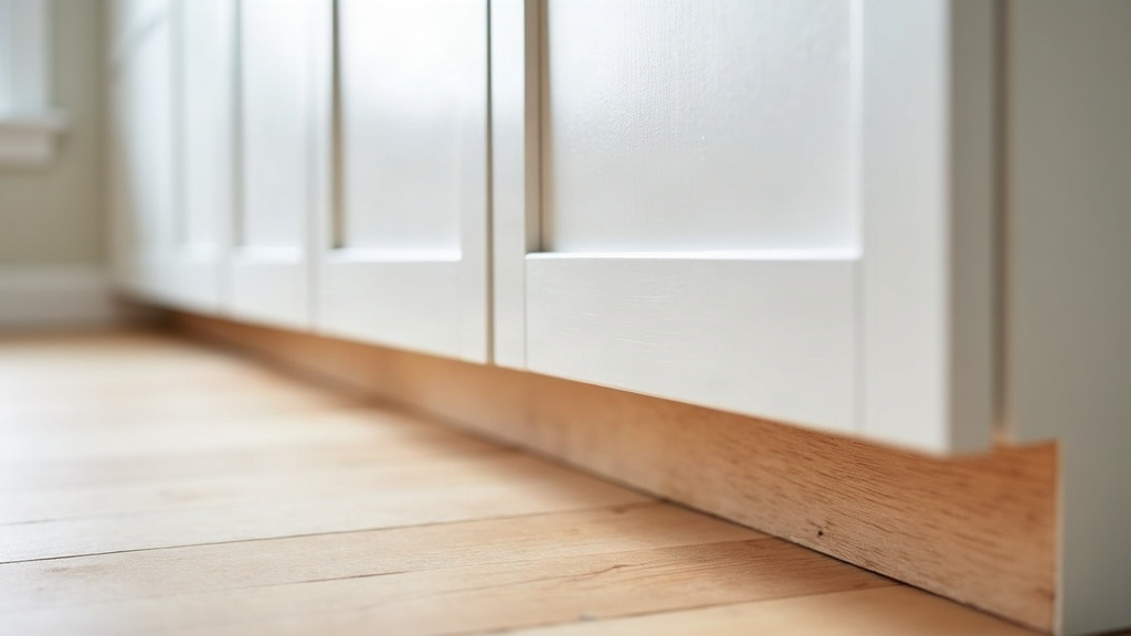 Light oak plank flooring meeting the wooden toe kick of a white kitchen base cabinet run, seen at floor level